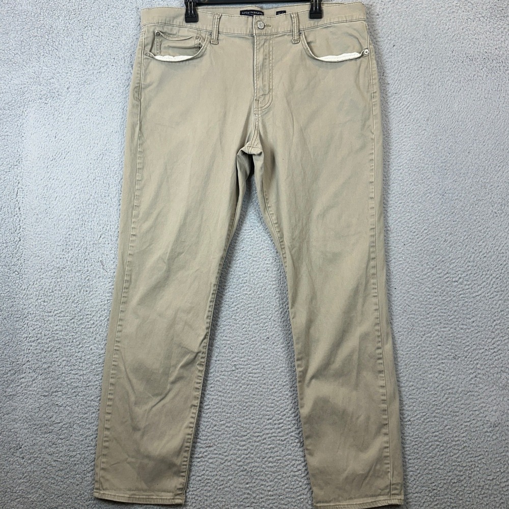 Lucky Brand 121 Pants Mens 38X32 Slim Straight Khaki Tan Chino Flat Front EUC